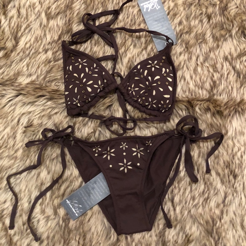 NWT 1 Sol Bikini Expresso and brass detail